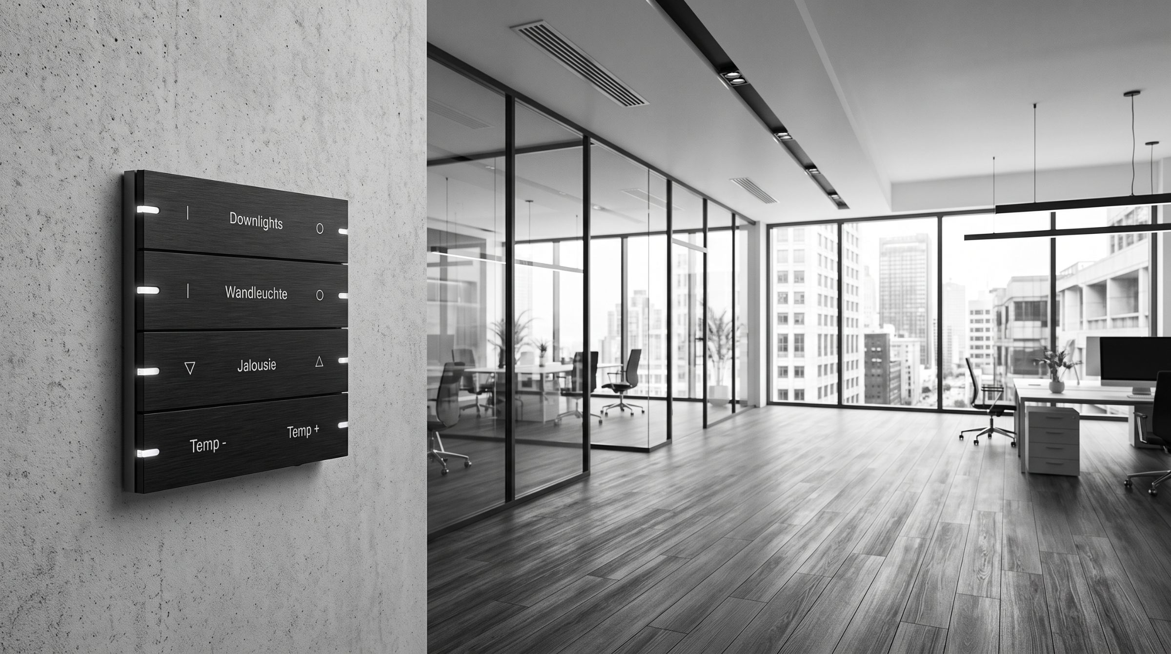 Büro mit Glaswänden und großen Fenstern, im Vordergrund ein KNX-Tastsensor mit beschrifteten Tasten an einer Betonwand.